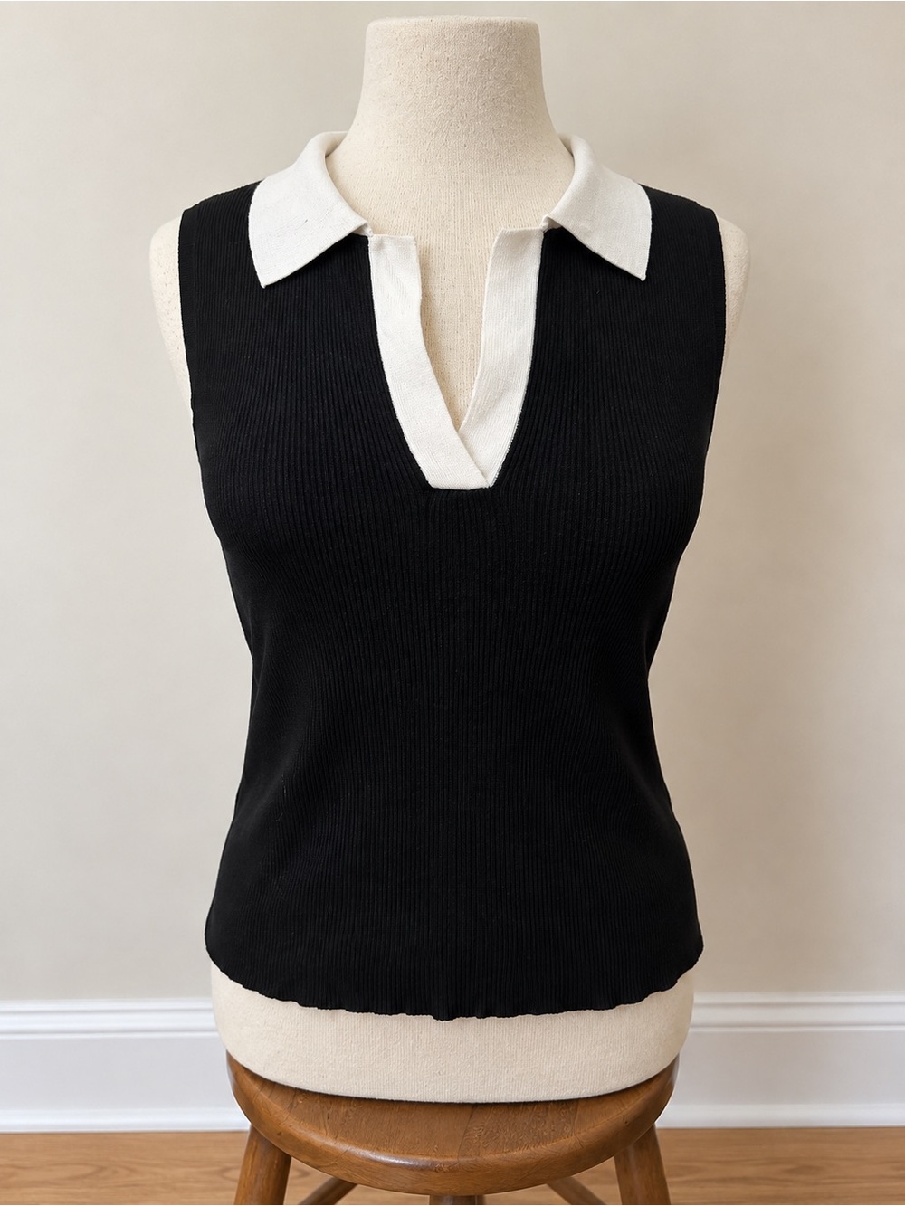 Sleeveless Black Polo Tank with White Collar
